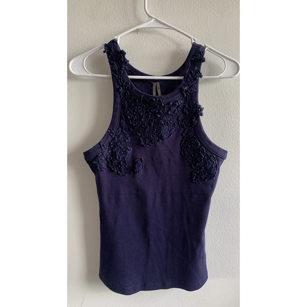 Anthropologie Navy Purple Ribbed Crochet Floral Applique Racerback Tank Top M